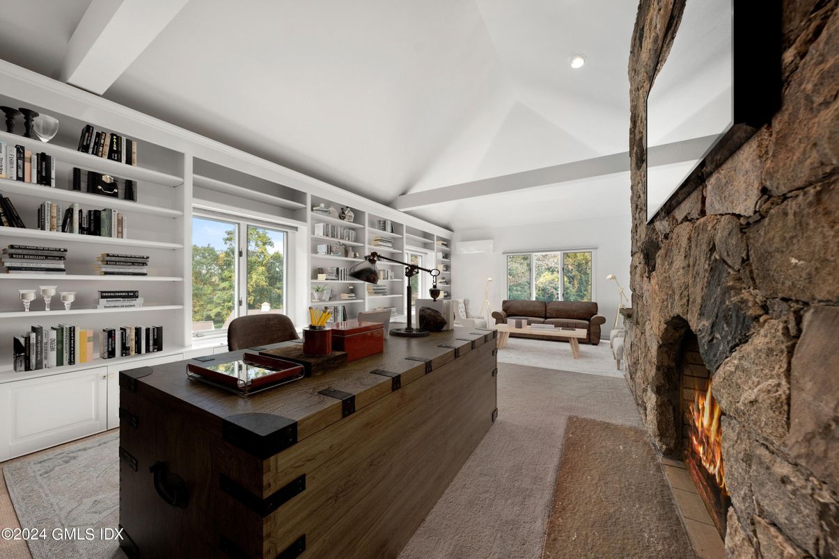 Fireplace, Interior, Living room, Recessed Lighting, Stone Walls