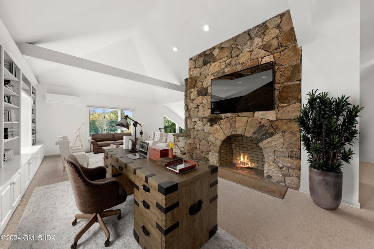 Fireplace, Interior, Living room, Recessed Lighting, Stone Walls