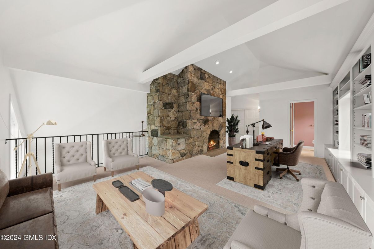 Fireplace, Home Office, Interior, Living room, Recessed Lighting, Stone Walls