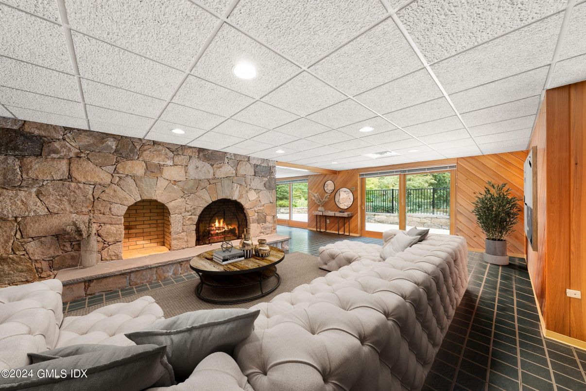 Fireplace, Interior, Living room, Recessed Lighting, Stone Walls, Wooden Walls