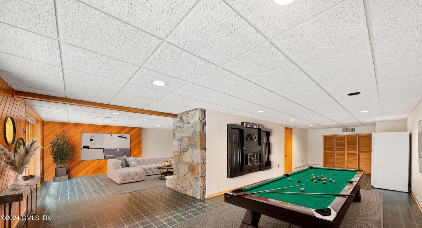 Billiard Table, Fireplace, Game Room, Interior, Recessed Lighting, Stone Walls, Wooden Walls