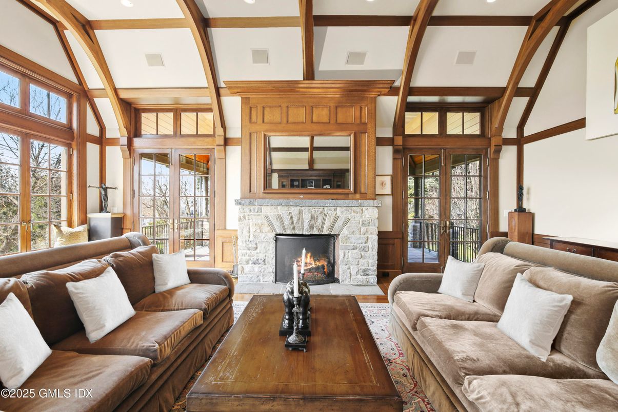 Fireplace, Interior, Living room, Recessed Lighting, Wooden Beams, Wood Texture Flooring