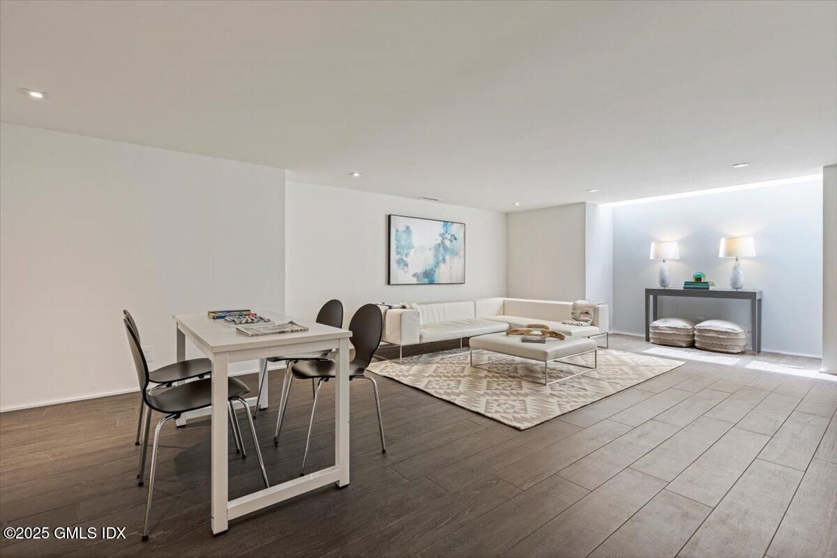 Dining room, Interior, Living room, Recessed Lighting, Wood Texture Flooring