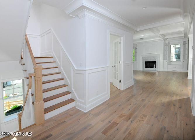 Empty room, Fireplace, Interior, Recessed Lighting, Wood Texture Flooring