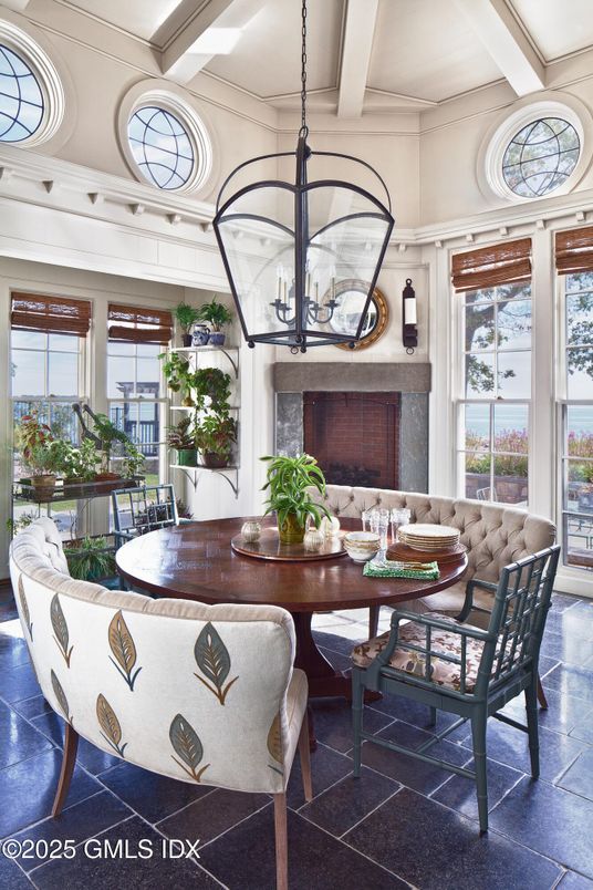 Dining room, Fireplace, Interior, Pendant Lights, Sun Room