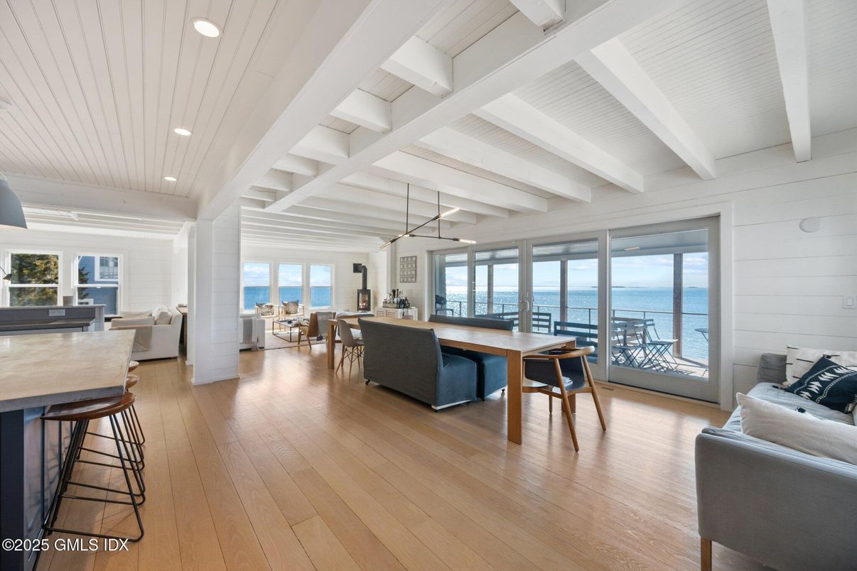Dining room, Interior, Living room, Pendant Lights, Recessed Lighting, Water, Wood Texture Flooring
