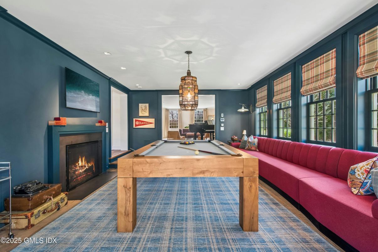 Billiard Table, Fireplace, Game Room, Interior, Living room, Pendant Lights, Recessed Lighting
