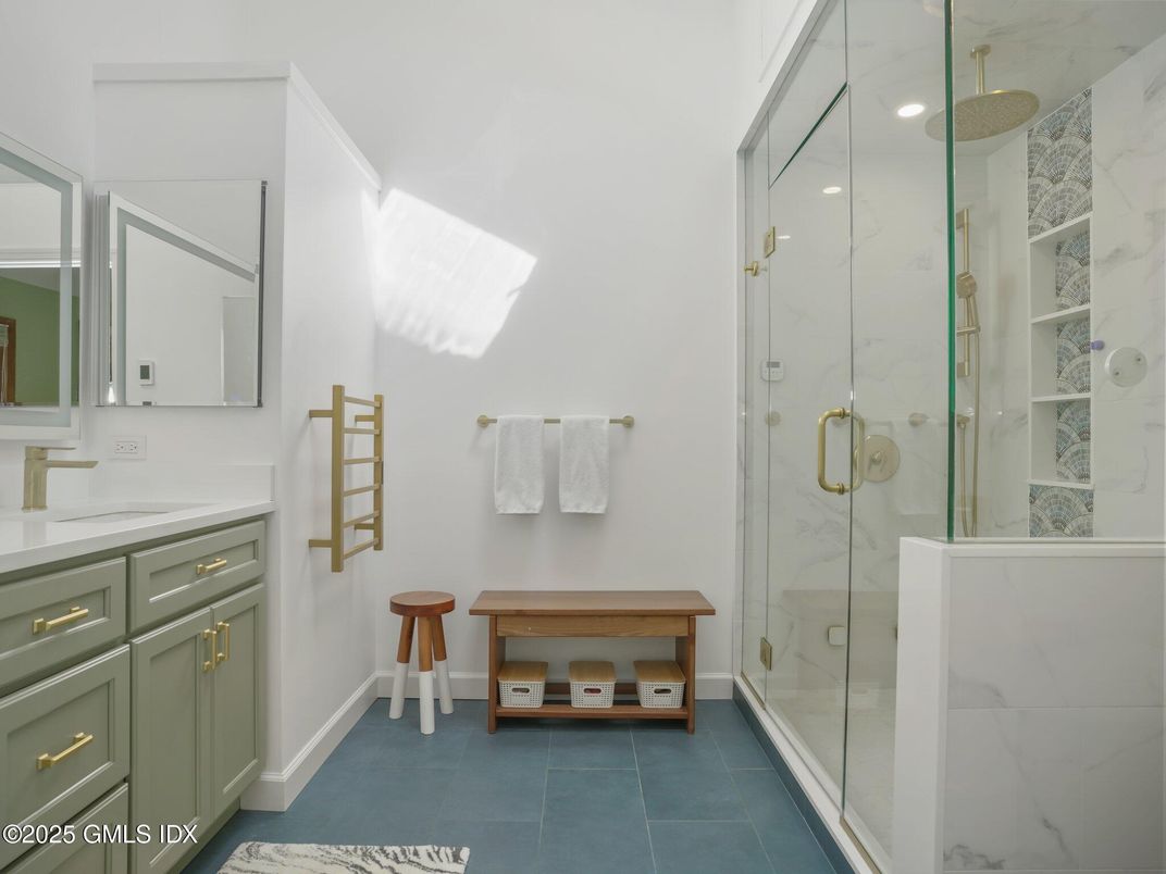 Bathroom, Glass Shower, Interior, Marble Walls, Recessed Lighting