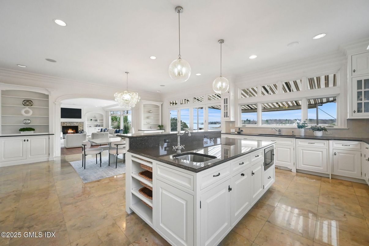 Chandelier, Dining room, Fireplace, Interior, Kitchen, Living room, Pendant Lights, Recessed Lighting