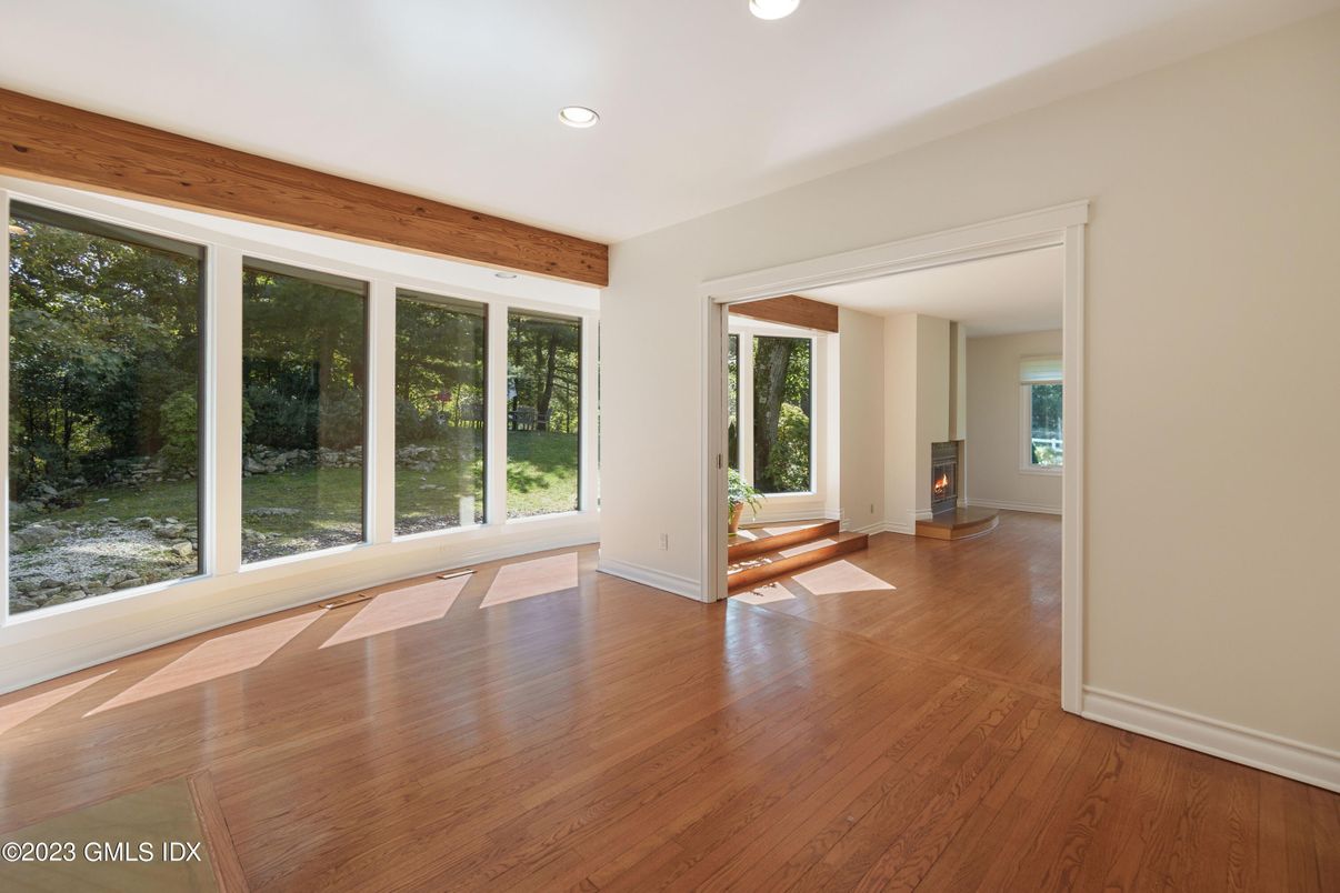 Empty room, Fireplace, Interior, Recessed Lighting, Wood Texture Flooring
