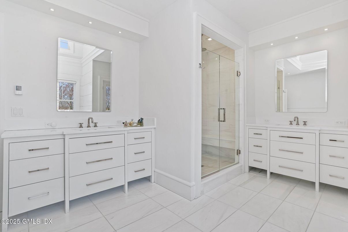 Bathroom, Dual Sink Vanities, Glass Shower, Interior, Recessed Lighting