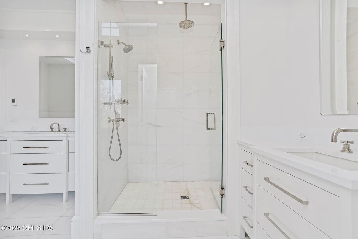 Bathroom, Glass Shower, Interior, Marble Walls, Recessed Lighting