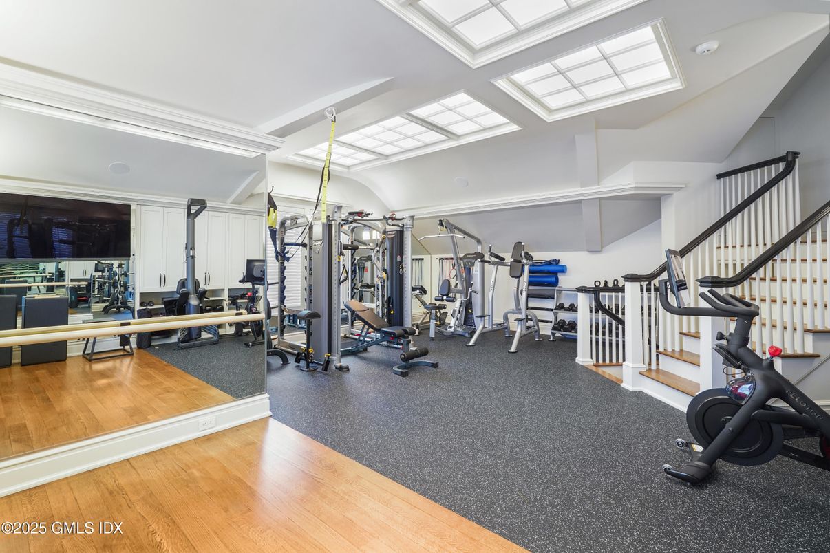 Fitness Equipment, Gym, Interior, Recessed Lighting, Wood Texture Flooring