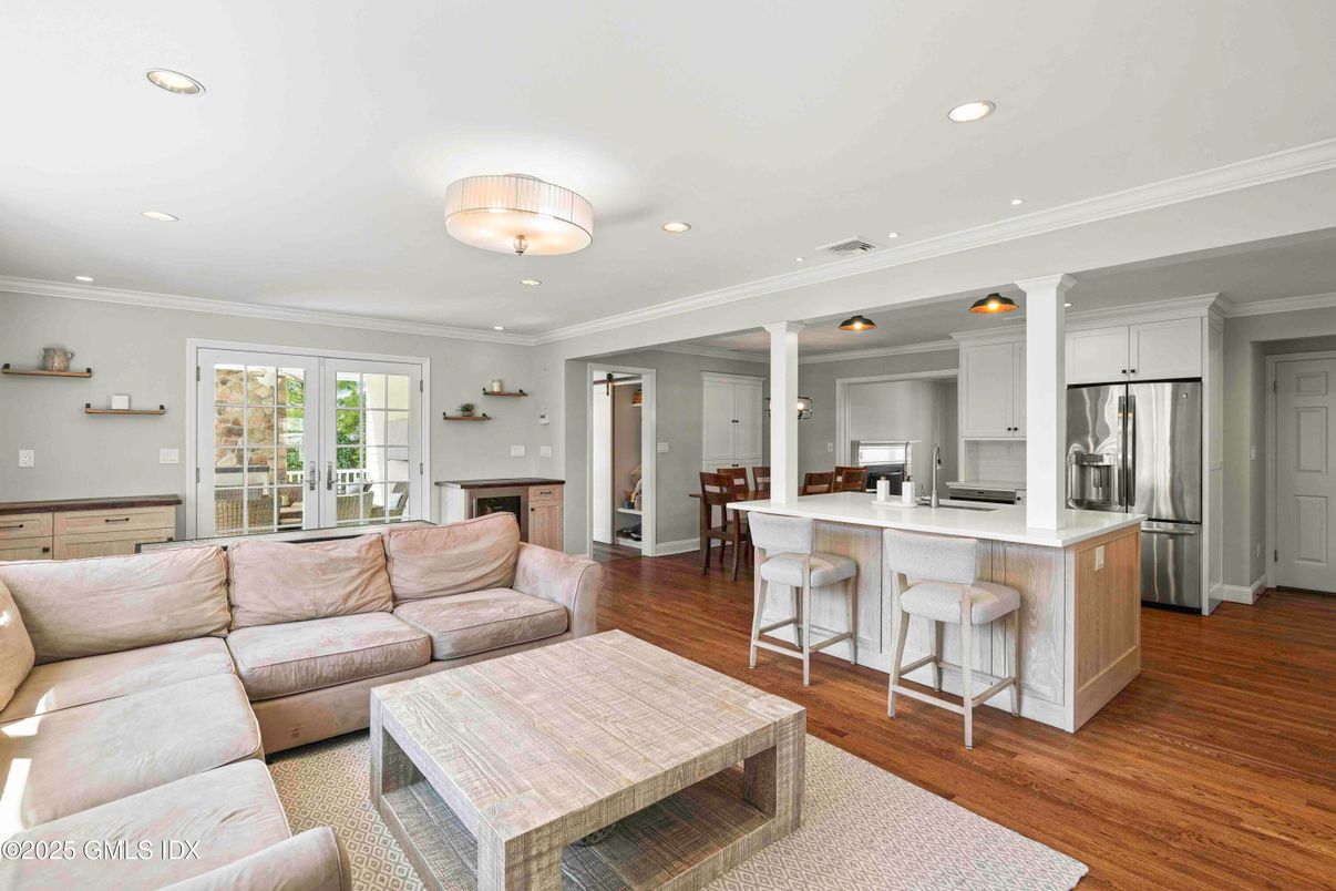 Interior, Kitchen, Living room, Recessed Lighting, Stainless Steel Appliances, Wood Texture Flooring