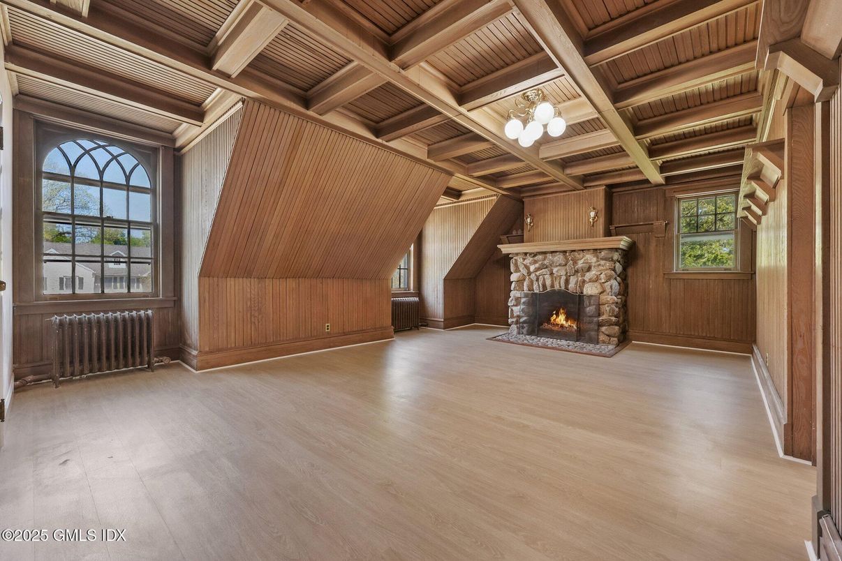 Chandelier, Empty room, Fireplace, Interior, Wooden Beams, Wooden Ceilings, Wood Texture Flooring, Wooden Walls