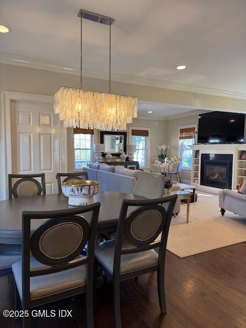 Chandelier, Dining room, Fireplace, Interior, Living room, Recessed Lighting, Wood Texture Flooring