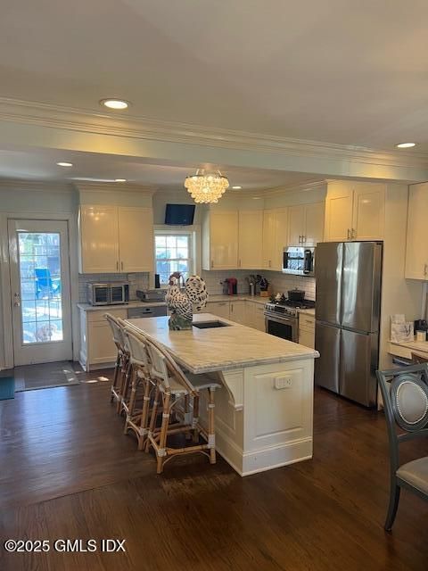 Chandelier, Interior, Kitchen, Recessed Lighting, Stainless Steel Appliances, Wood Texture Flooring