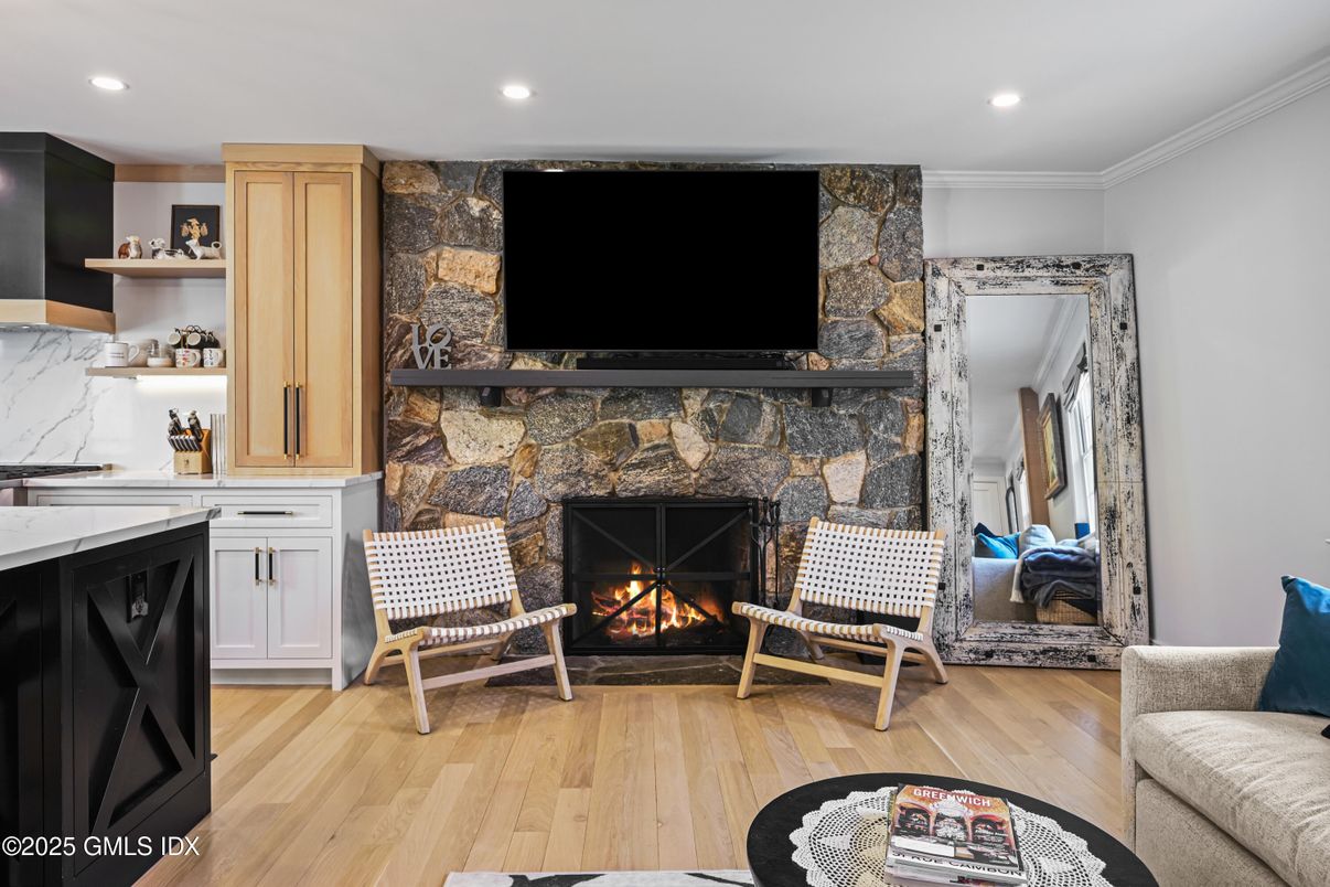 Fireplace, Interior, Recessed Lighting, Stone Walls, Wood Texture Flooring
