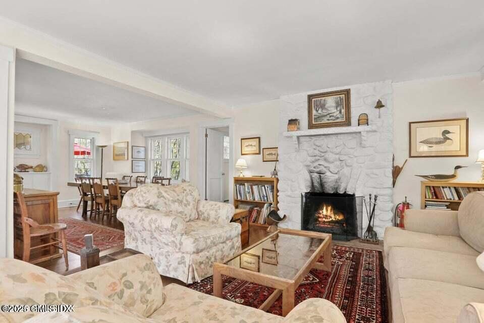 Dining room, Fireplace, Interior, Living room, Stone Walls