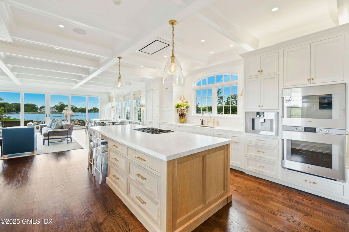 Interior, Kitchen, Living room, Pendant Lights, Recessed Lighting, Stainless Steel Appliances, Water, Wood Texture Flooring