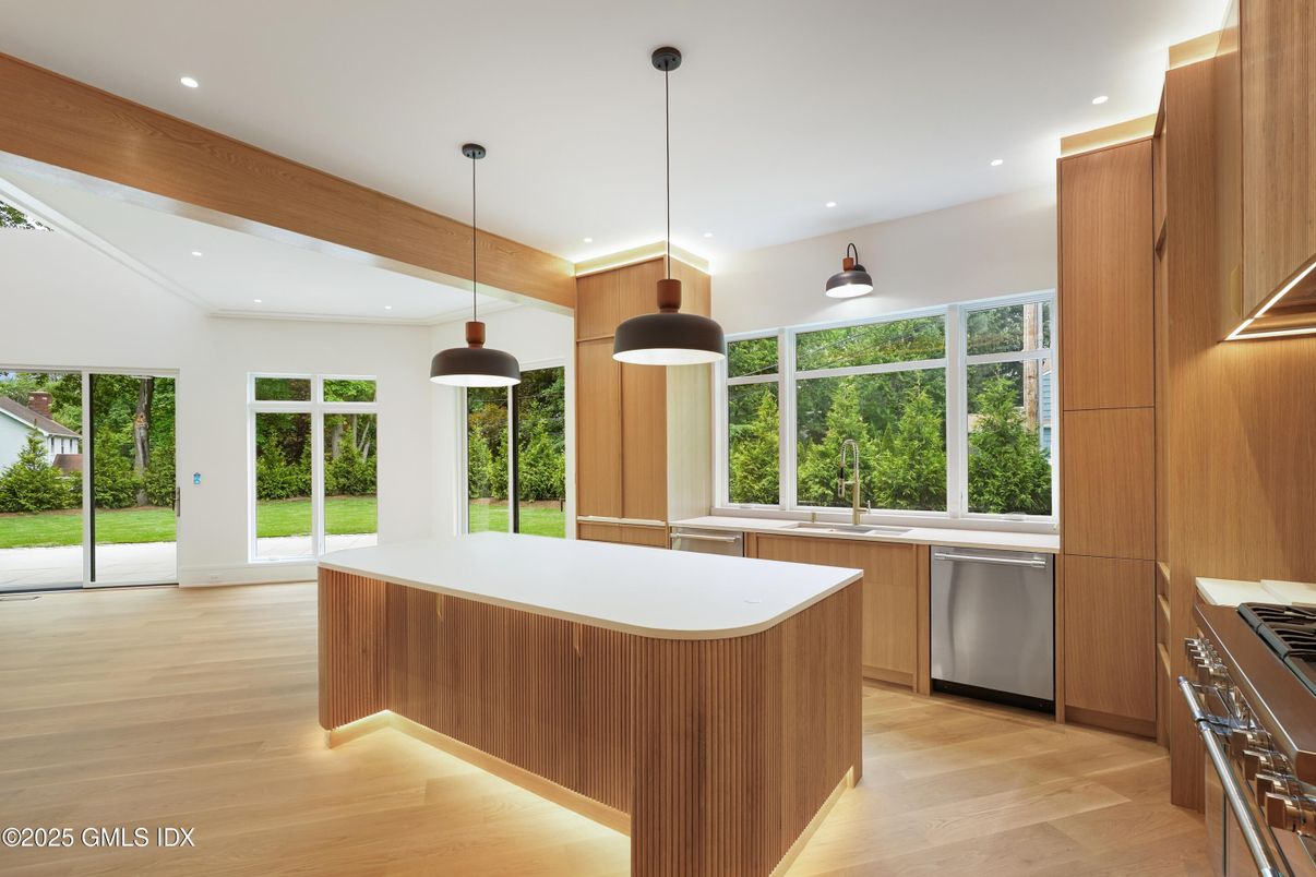 Interior, Kitchen, Pendant Lights, Recessed Lighting, Stainless Steel Appliances, Wood Texture Flooring