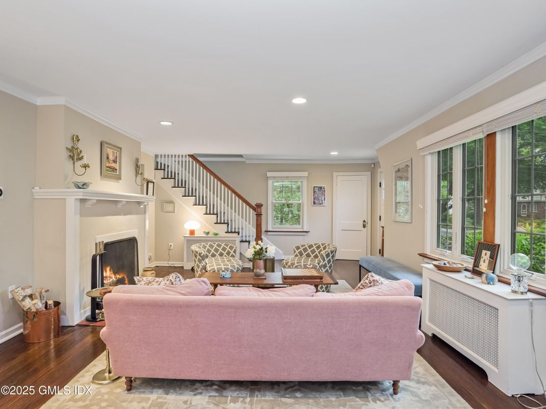 Fireplace, Interior, Living room, Recessed Lighting, Wood Texture Flooring