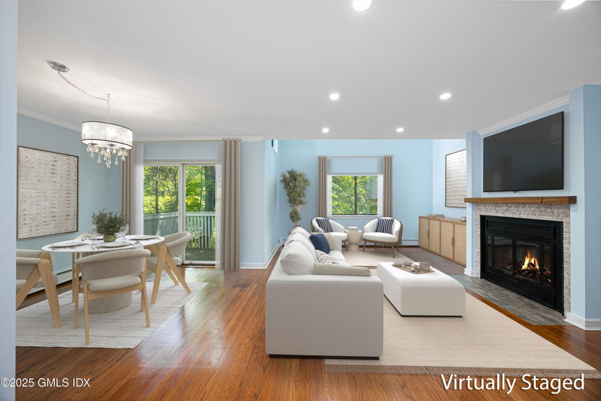 Chandelier, Dining room, Fireplace, Interior, Living room, Recessed Lighting, Wood Texture Flooring