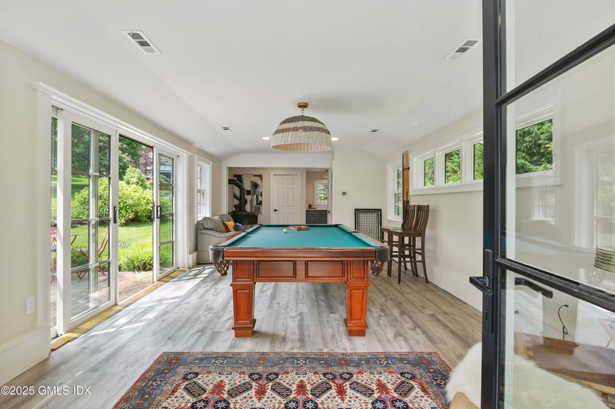 Billiard Table, Chandelier, Game Room, Interior, Recessed Lighting, Wood Texture Flooring