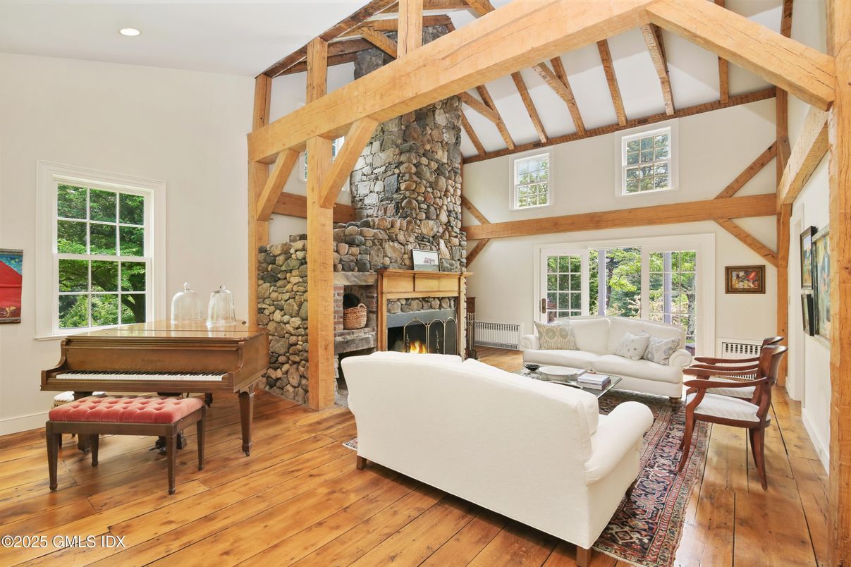 Fireplace, Interior, Living room, Piano, Recessed Lighting, Wooden Beams, Wood Texture Flooring