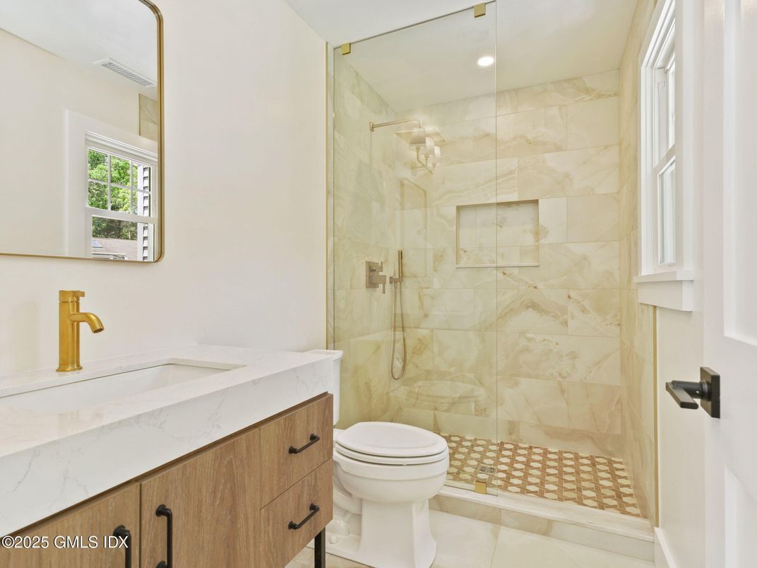 Bathroom, Glass Shower, Interior, Marble Walls, Recessed Lighting