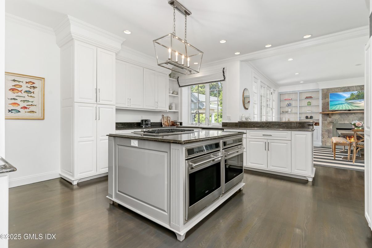 Interior, Kitchen, Pendant Lights, Recessed Lighting, Stainless Steel Appliances, Stone Walls, Wood Texture Flooring