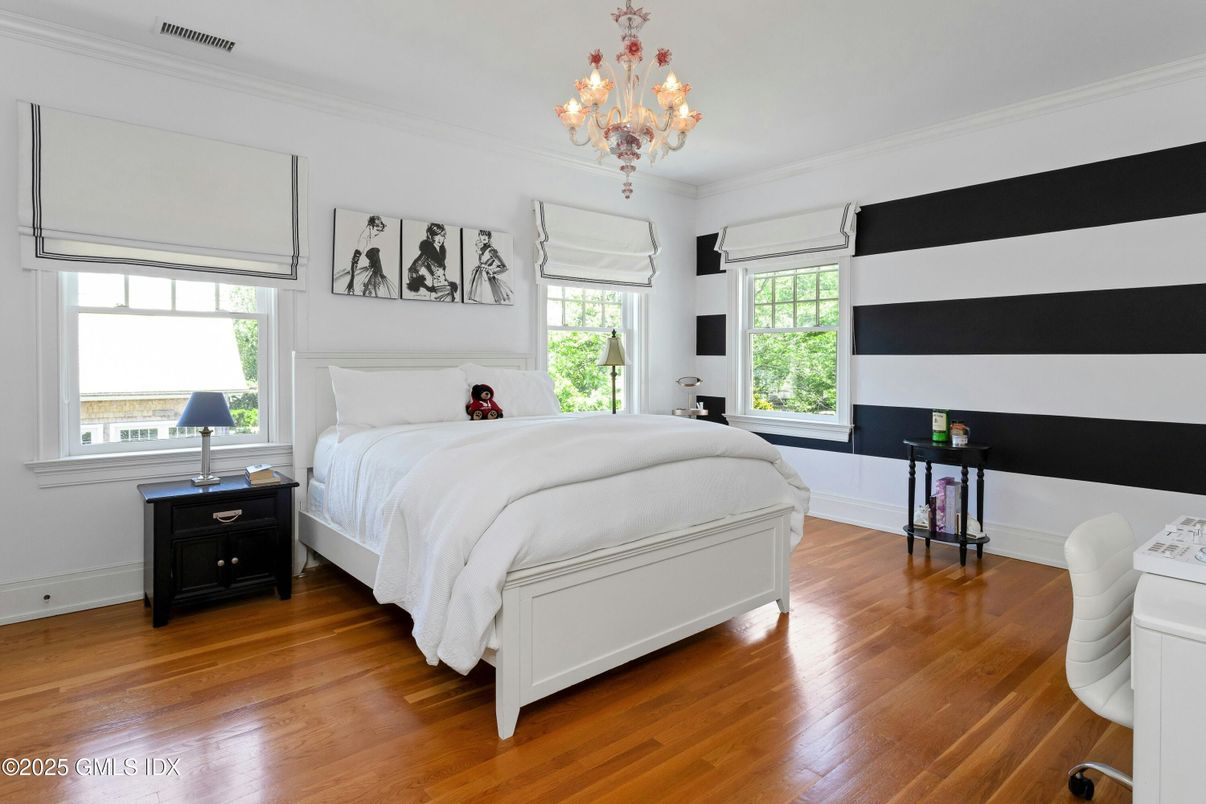 Bedroom, Chandelier, Interior, Wood Texture Flooring