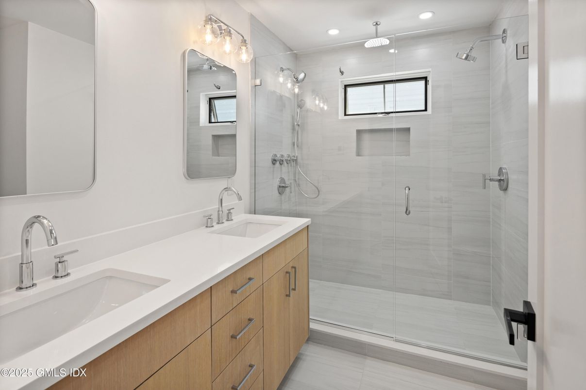 Bathroom, Dual Sink Vanities, Glass Shower, Interior, Recessed Lighting