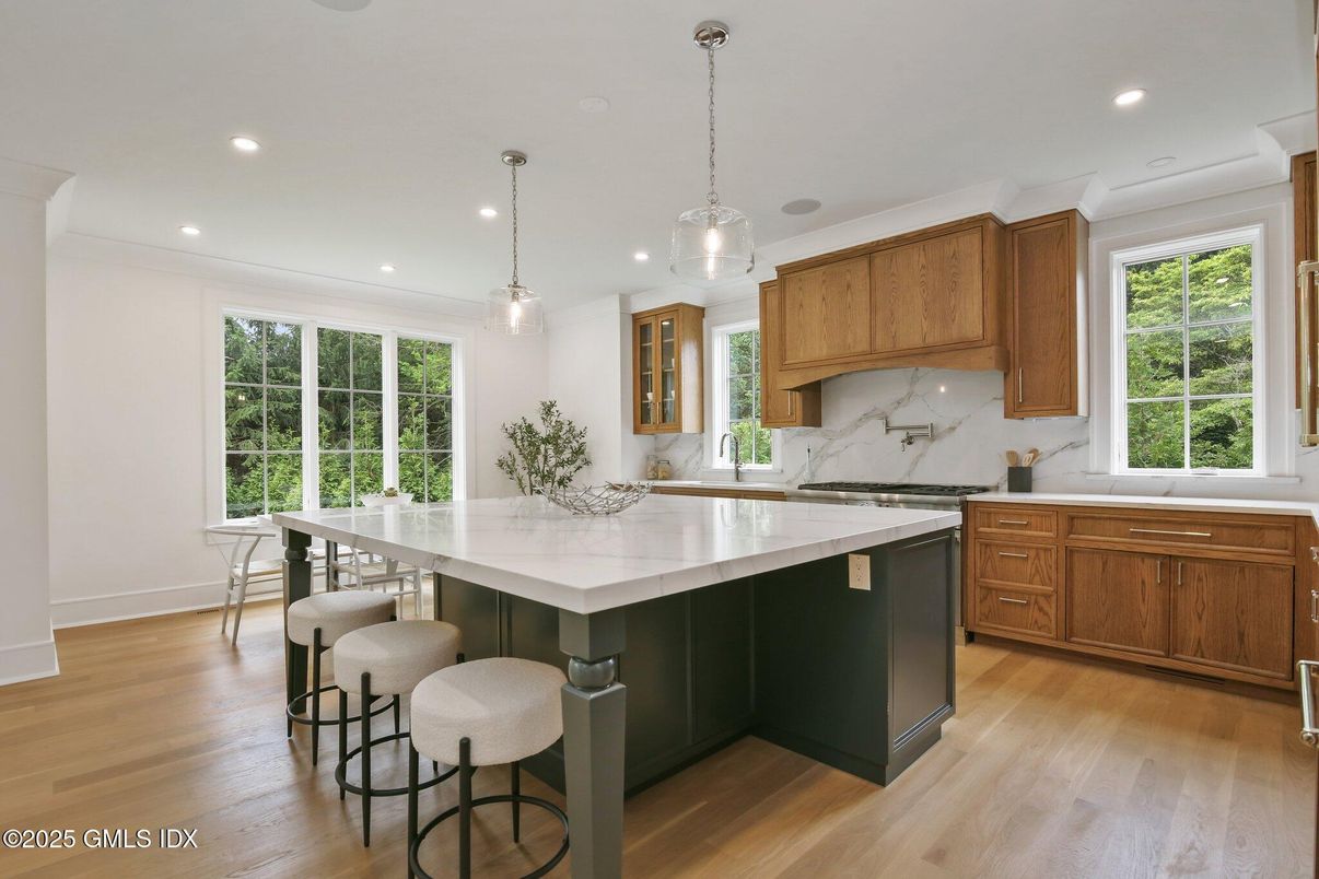 Interior, Kitchen, Marble Walls, Pendant Lights, Recessed Lighting, Wood Texture Flooring