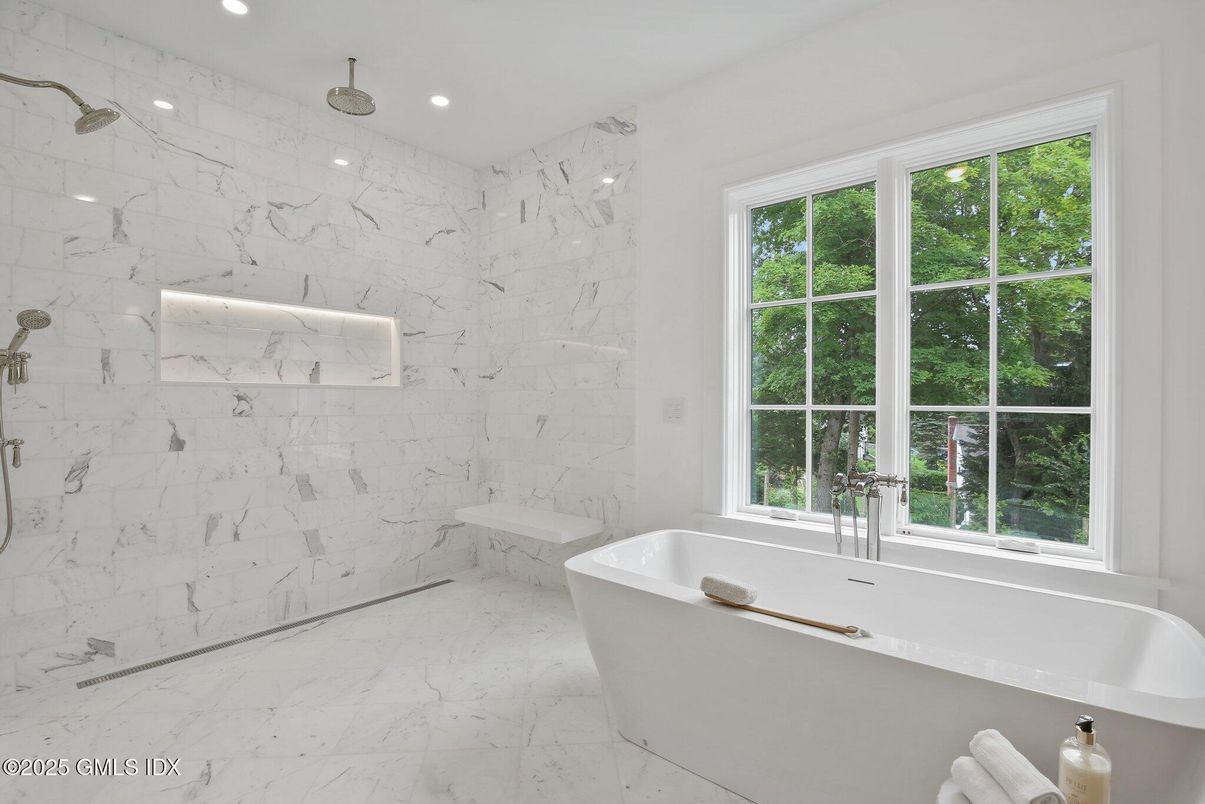 Bathroom, Free Standing Baths, Interior, Marble, Marble Walls, Recessed Lighting