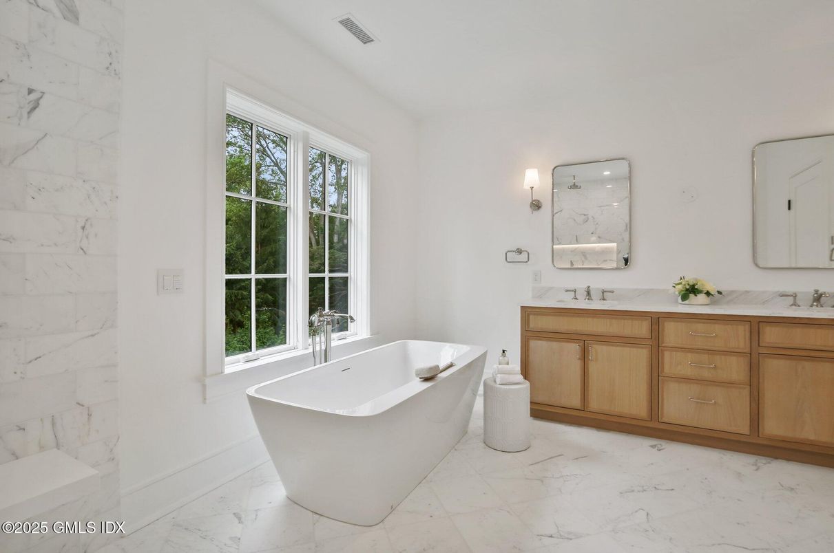 Bathroom, Dual Sink Vanities, Free Standing Baths, Interior, Marble, Marble Walls