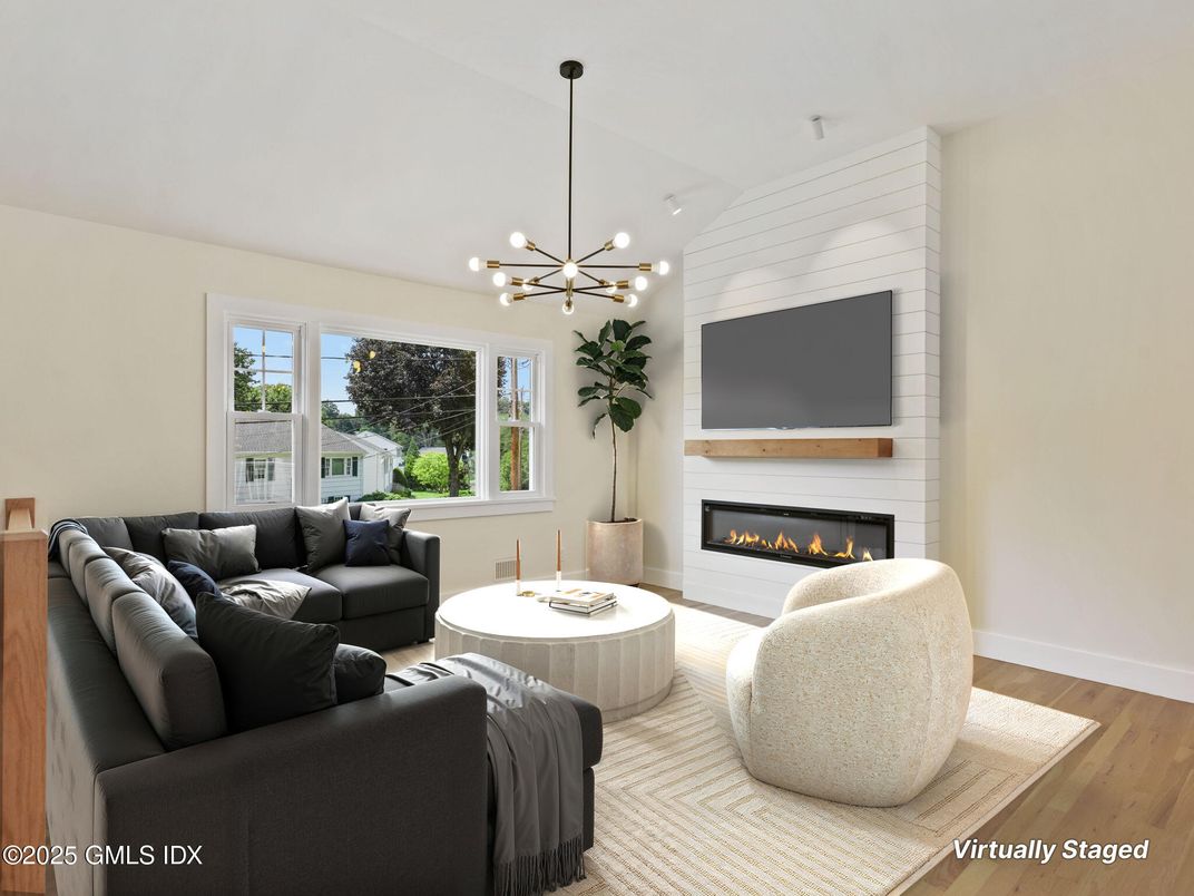 Fireplace, Interior, Living room, Pendant Lights, Wood Texture Flooring