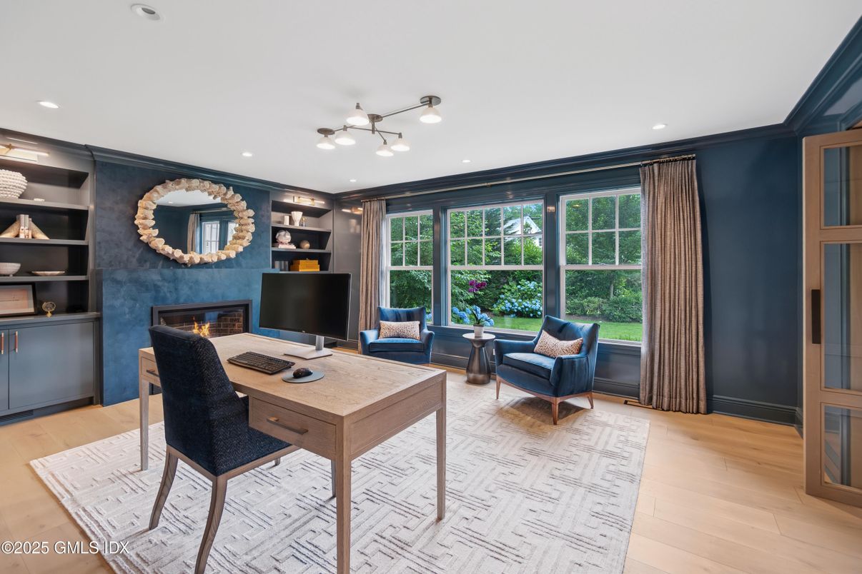 Fireplace, Home Office, Interior, Recessed Lighting, Wood Texture Flooring