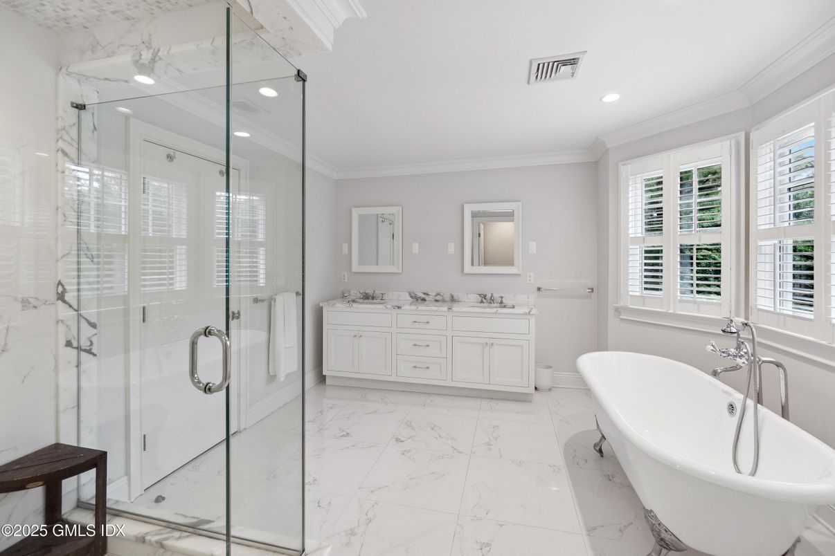 Bathroom, Dual Sink Vanities, Free Standing Baths, Glass Shower, Interior, Marble, Recessed Lighting