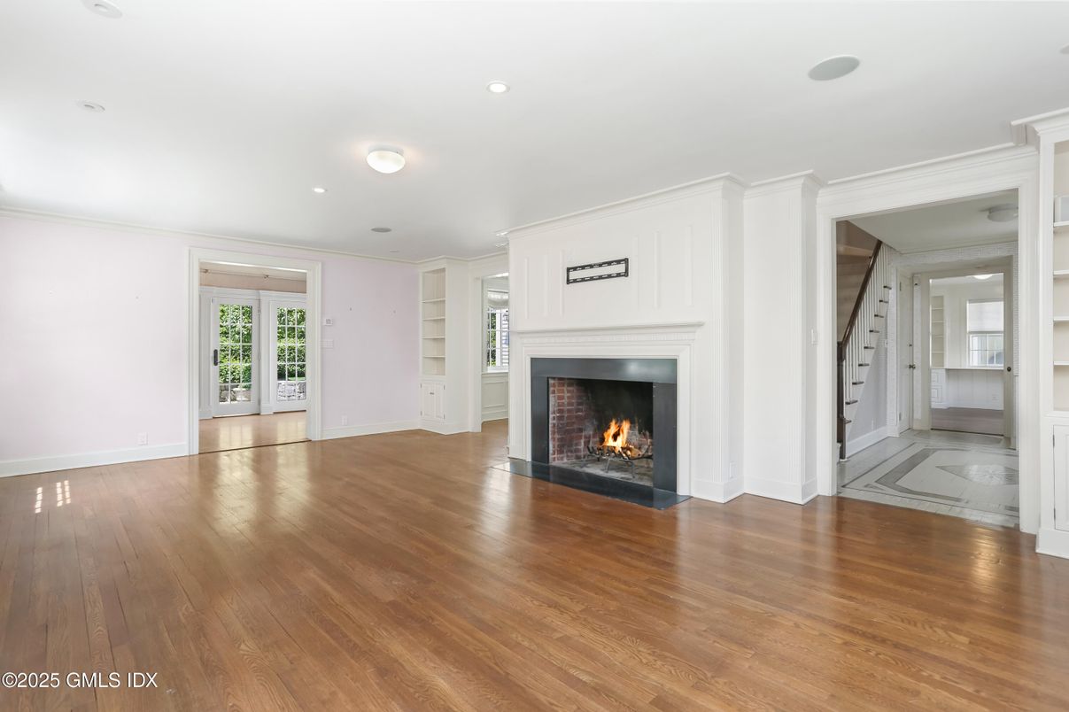 Empty room, Fireplace, Interior, Recessed Lighting, Wood Texture Flooring