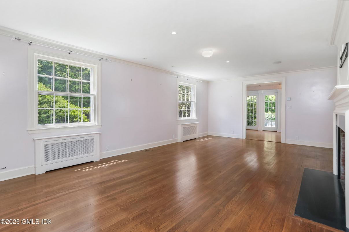 Empty room, Fireplace, Interior, Recessed Lighting, Wood Texture Flooring