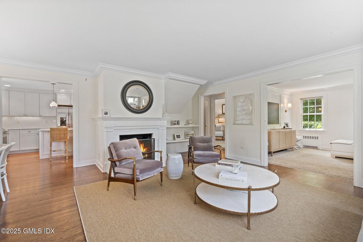 Fireplace, Interior, Kitchen, Living room, Pendant Lights, Wood Texture Flooring