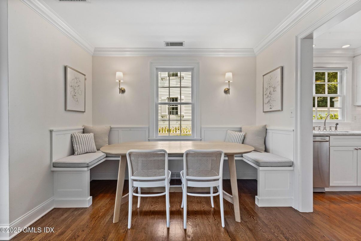 Dining room, Interior, Recessed Lighting, Wood Texture Flooring