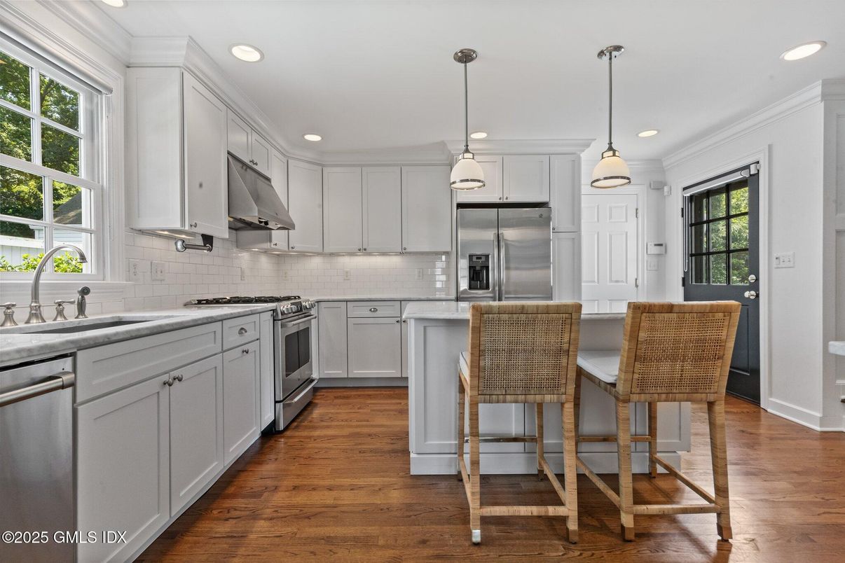 Interior, Kitchen, Pendant Lights, Recessed Lighting, Stainless Steel Appliances, Wood Texture Flooring