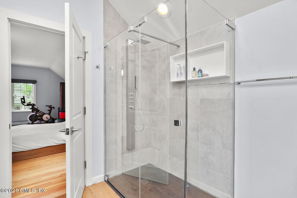 Bathroom, Glass Shower, Interior, Wood Texture Flooring