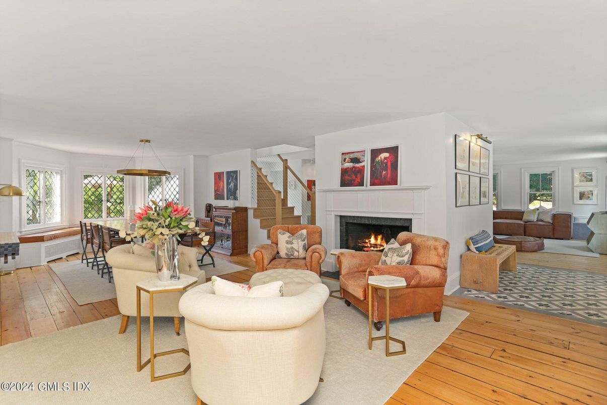 Dining room, Fireplace, Interior, Living room, Wood Texture Flooring