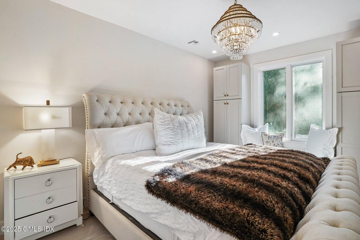 Bedroom, Chandelier, Interior, Recessed Lighting, Wood Texture Flooring
