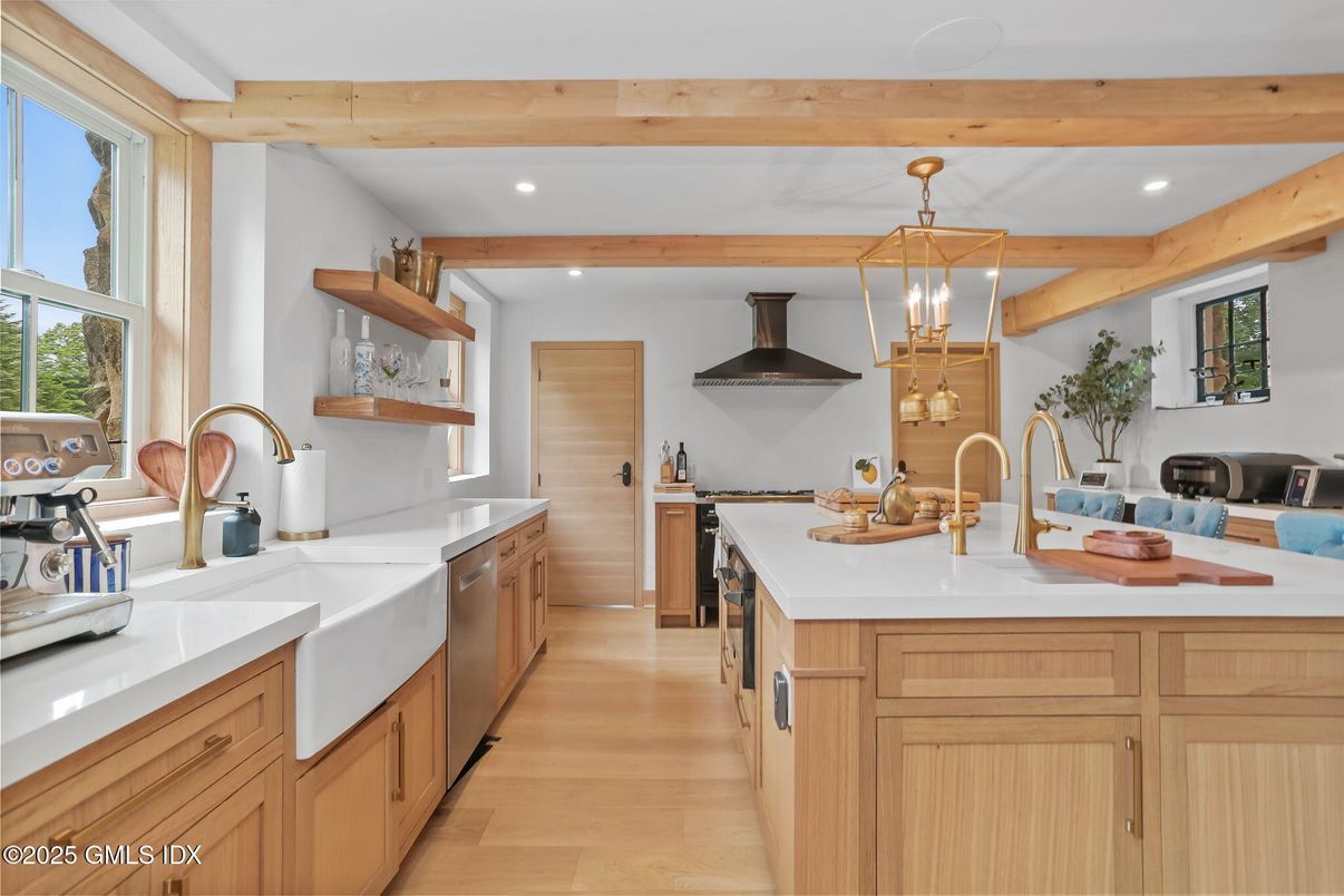 Interior, Kitchen, Pendant Lights, Recessed Lighting, Stainless Steel Appliances, Wooden Beams, Wood Texture Flooring