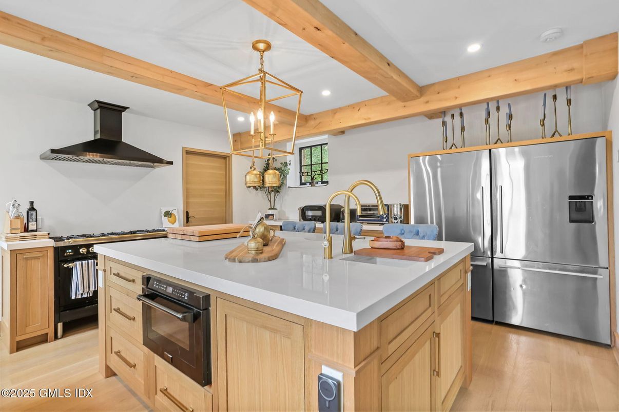 Interior, Kitchen, Pendant Lights, Recessed Lighting, Stainless Steel Appliances, Wooden Beams, Wood Texture Flooring