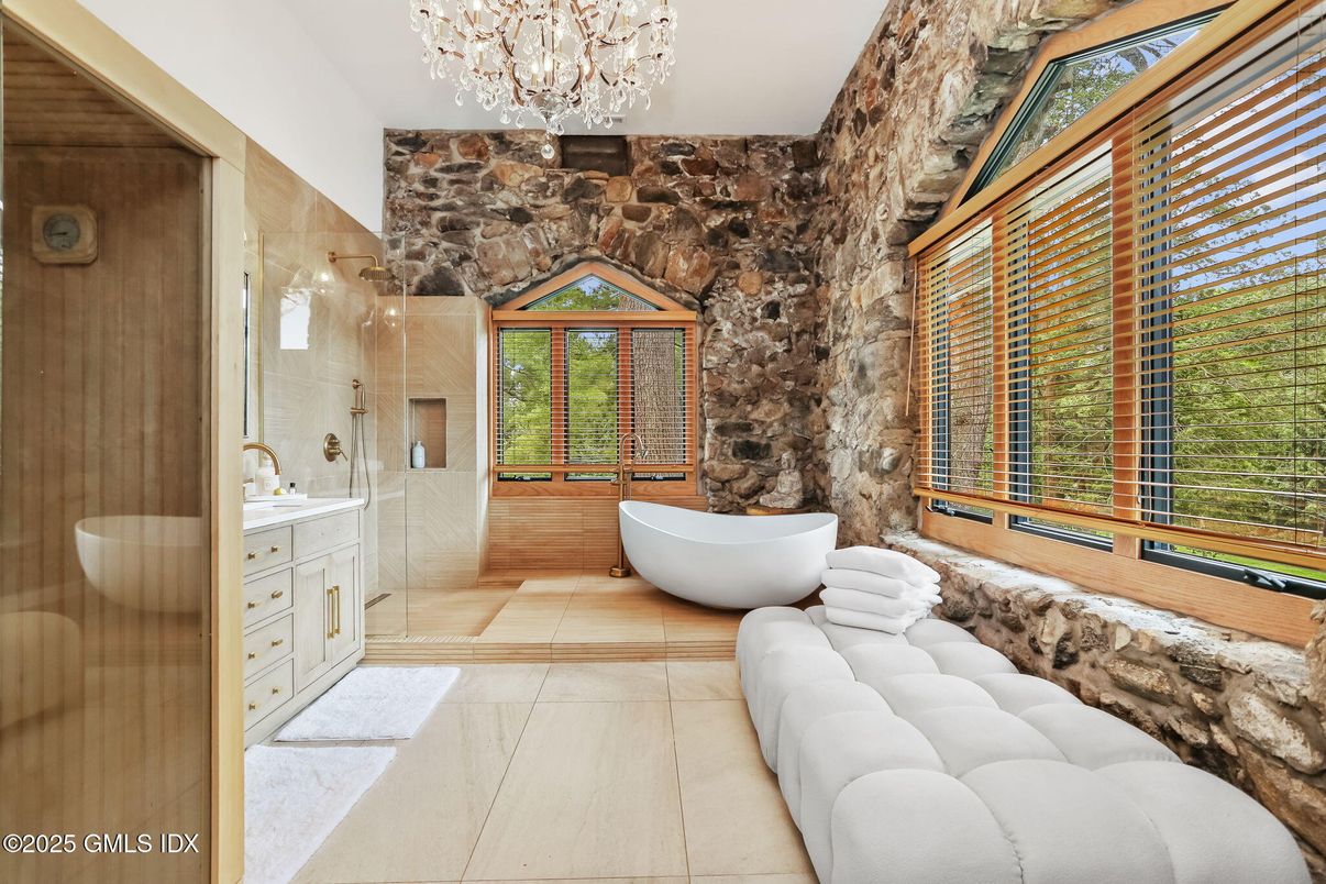 Bathroom, Chandelier, Free Standing Baths, Interior, Stone Walls
